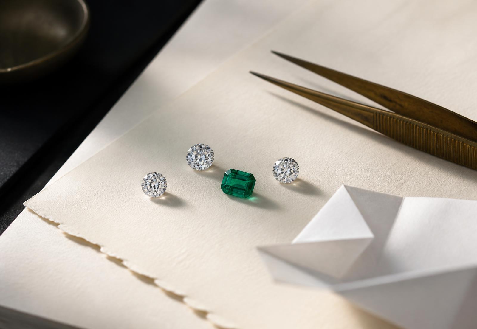 Loose brilliant-cut diamonds and an emerald beside brass tweezers on ivory parcel paper