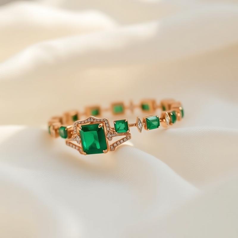 Mid-century emerald and diamond bracelet on ivory linen
