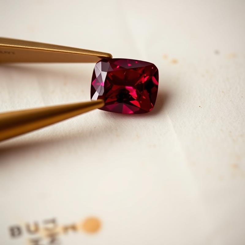 Unheated Burmese cushion-cut ruby held in brass tweezers